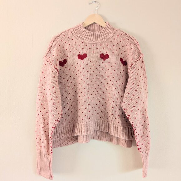 Pink Red Mock Neck Heart Print Oversized Sweater Twee Love - Miou Muse Women's L - Picture 1 of 16